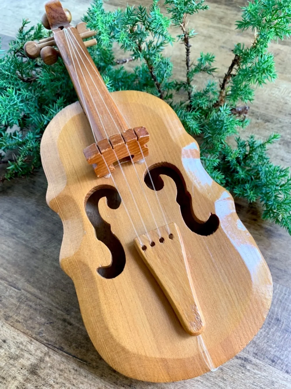Vintage Hand-Carved Wooden Violin Ornament | Large Rustic Musical Decor